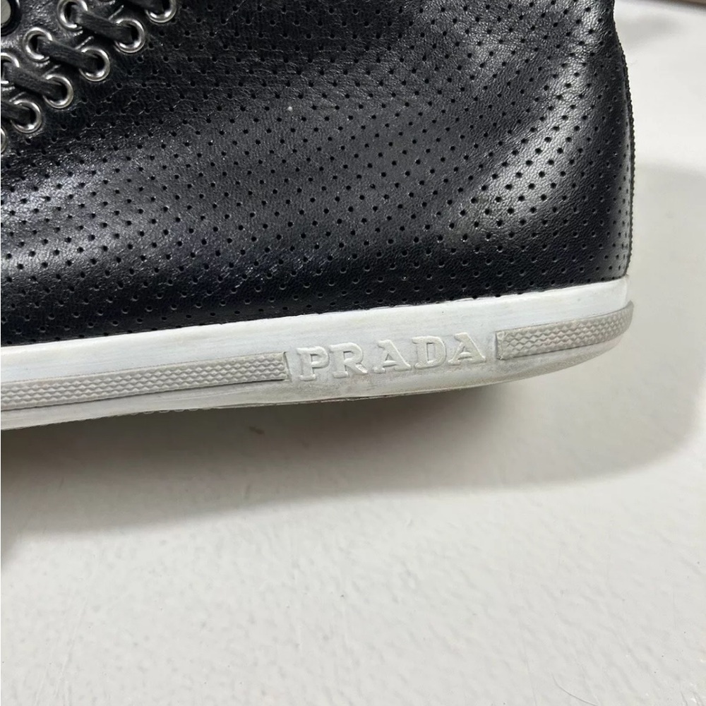 PRADA Womens 36.5 Black Perforated Leather High Top Sneakers Shoes Made in Italy - Picture 6 of 13